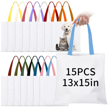 15 Pack Sublimation Blanks Tote Bags,13"x15" Reusable Grocery Bags DIY Canvas Tote Bag Polyester Tote Bag for Sublimation with Multicolor Handles for Advertising DIY Crafting Heat Transfer Gift Bag VELTAUTY
