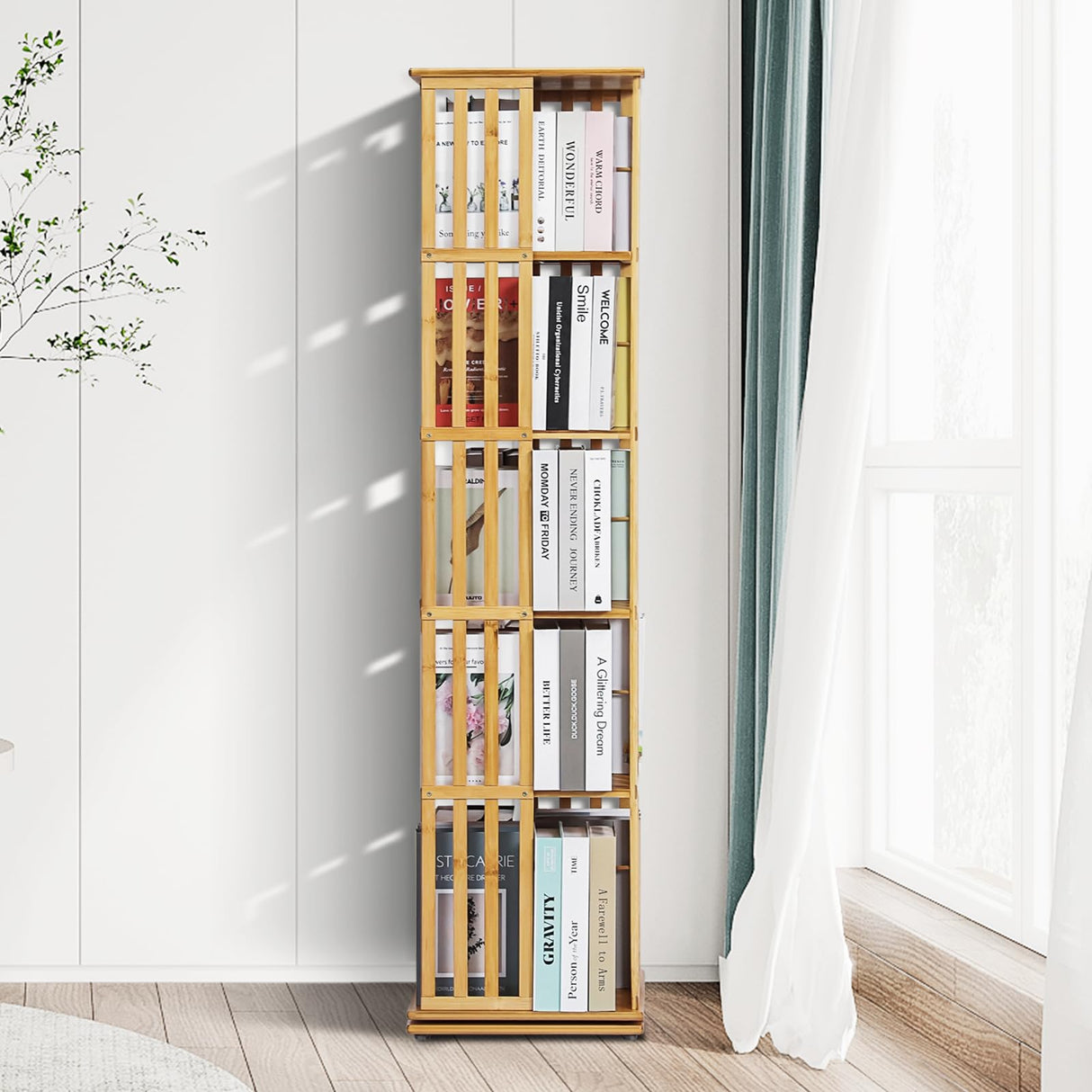 SFIHOME Bamboo Rotating Bookcase 5-Tierd Rotating Bookshelf Tower for Storage, Revolving Floor Standing Book Shelves 360 Degree Spinning Bookshelf for Living Room, Bedroom, Office and Library SFIHOME