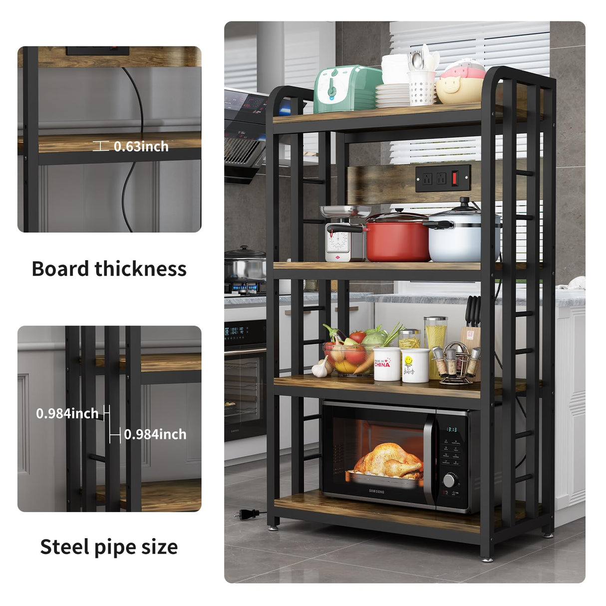 SIREDEEP Rustic Brown 4-Tier Bakers Rack with Power Outlet – Versatile Kitchen Storage and Microwave Stand SIREDEEP