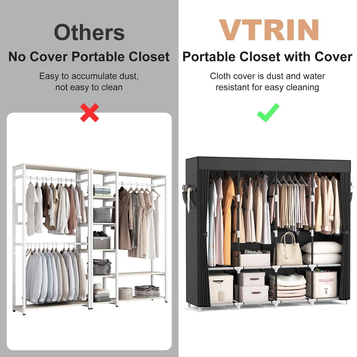 VTRIN Portable Closet for Hanging Clothes 67 Inch Wide Large Capacity Portable Wardrobe Closet with Cover, 4 Storage Shelves and 4 Hanging Rod Sturdy Free Standing Closet for Bedroom, Black VTRIN