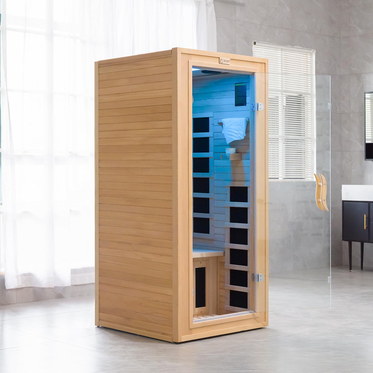 Exquimac Infrared Sauna Indoor, 1 Person Hemlock Wooden Home Sauna, Dry Sauna for Home Spa Room 1350W, Time Temp Pre-Set Sauna Room, w/7 Heating Panels Mini Personal Far Infrared Saunas for Home Exquimac