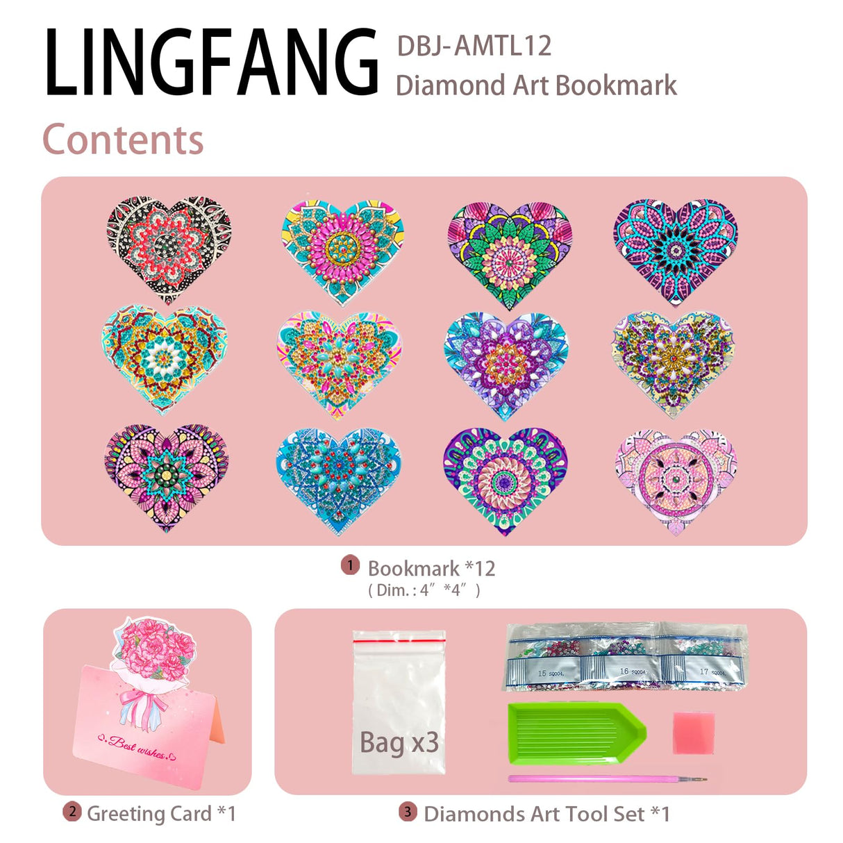 LINGFANG 12 Pcs Diamond Painting Bookmark, DIY Corner Book Makers for Adults Book Lovers, Diamond Dot Art Beginners, Small Diamond Art Kits, Paint by Art Crafts Gift for Women Girls (Heart Mandala) LINGFANG