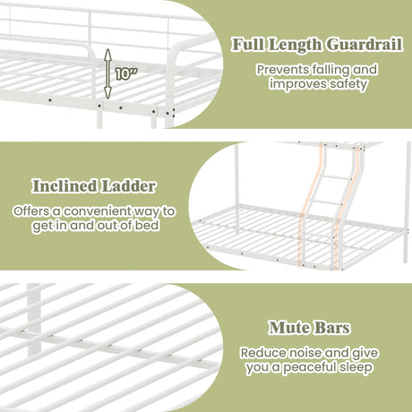 KOMFOTT Twin Over Full Metal Bunk Bed, Heavy-Duty Bunk Bed with Inclined Ladder, Safety Guardrail, Metal Slats Support, Noise-Free Design, Space-Saving Bunk Bed Frame for Teens & Adults (White) KOMFOTT