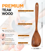 Wooden Spoons for Cooking, Natural Premium Teak Wood Corner Spoon, Good Grip Large Wooden Spoons and Wooden Spatula, Heat Resistant Wooden Cooking Utensils for Nonstick Cookware Cooking Gifts ICSTI