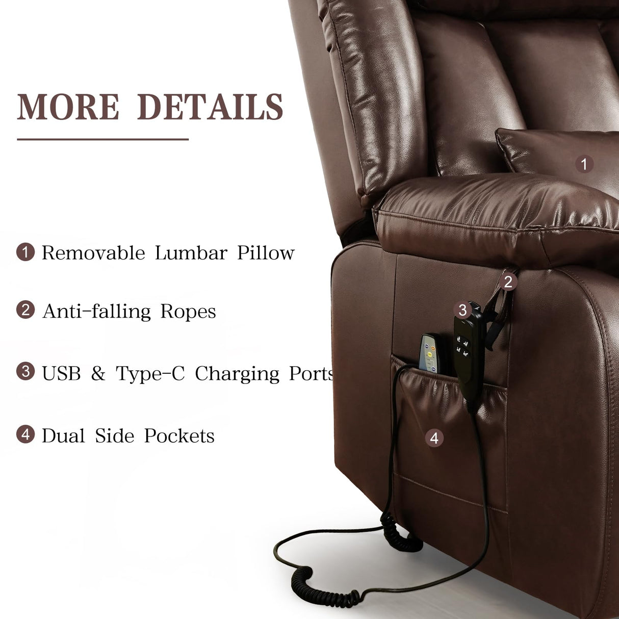 Infinite Position Lay Flat Lift Recliner Chair for Adults, Dual Motor Power Lift Chair for Elderly with Massage & Heating, Extended Footrest, USB Ports, Remote Control & Lumbar Pillow, Leather (Brown) RESTREAL