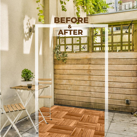 Pack of 10 Deck Tiles - 12"x12" Interlocking Natural Solid Acacia Wood for Outdoor & Indoor, Patio Garden, Balcony, Poolside - Teak Color AN68