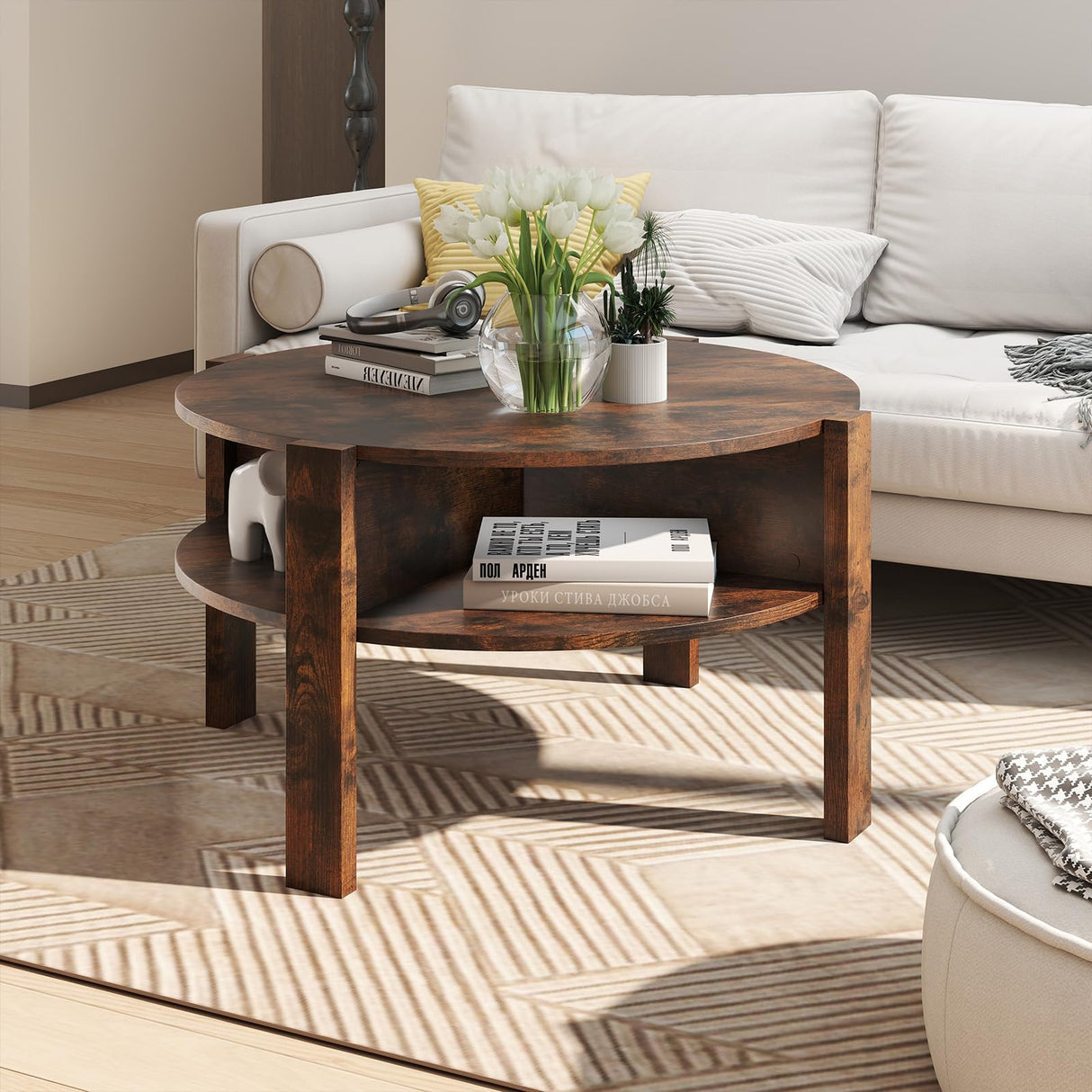 Giantex Round Coffee Table, 2-Tier Mid Century Modern Tea Cocktail Table with Storage Shelves & 4 Side Compartments, Wood Center Table for Living Room, Small Spaces (Rustic Brown) Giantex