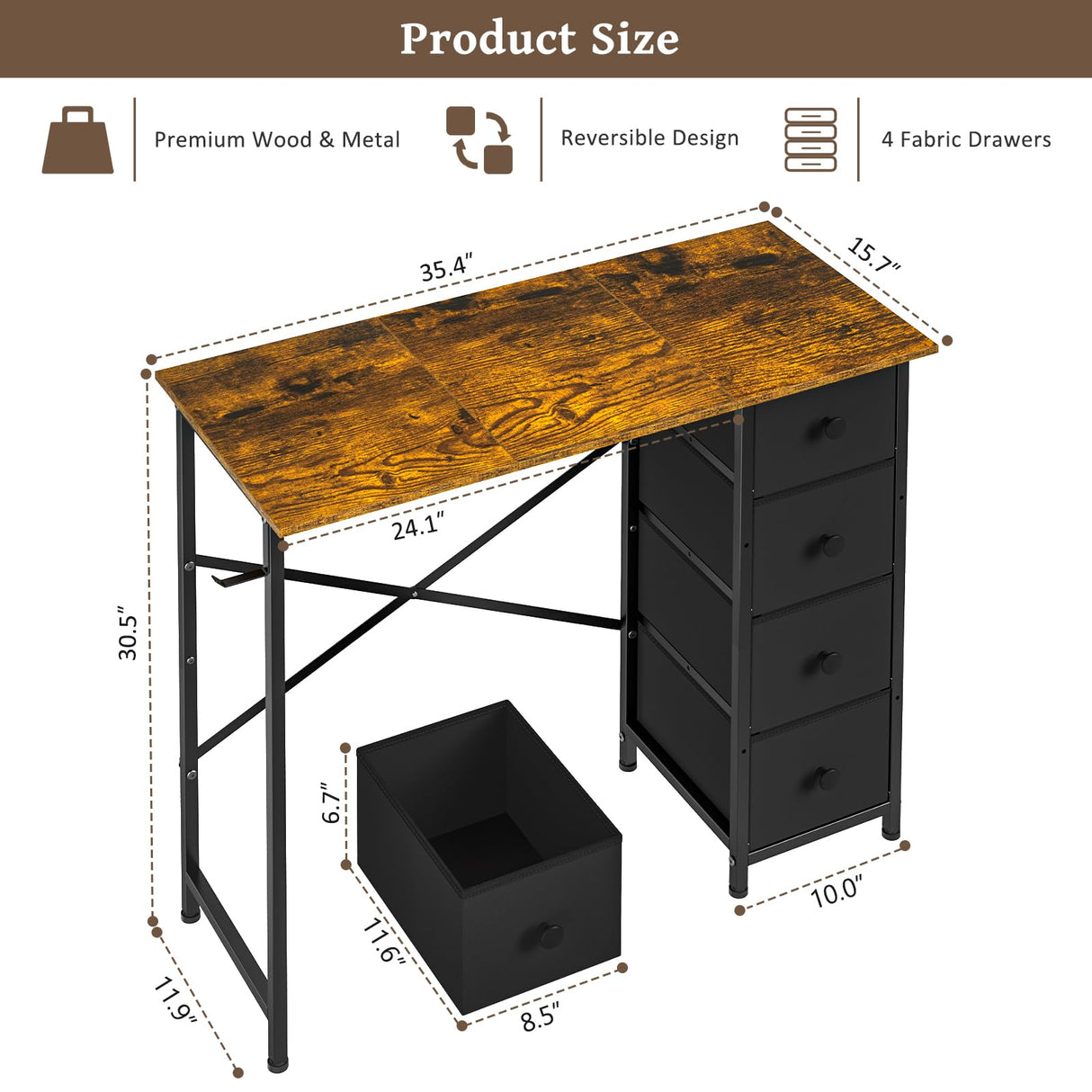 DAOUTIME Computer Desk with 4 Fabric Drawers, 35.4 Inch Small Home Office Writing Desk, Simple Table PC Desk for Small Places, Kids Girls Teen Study Writing Desk for Bedroom Dorm Rustic Brown DAOUTIME