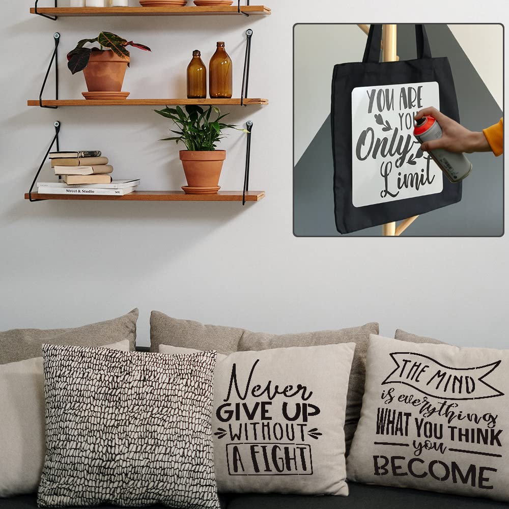 16 Pcs Inspirational Word Stencils, Quote & Phrase Sayings Templates, Craft Stencils for Painting on Wood, Wall, Canvas, Fabrics, Paper & Home Signs - Reusable 7.87 x 7.87 Inches HZMM