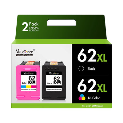 Valuetoner Remanufactured Ink Cartridge Replacement for HP Ink 62 62XL Works with HP Envy 5540 5640 5660 7644 OfficeJet 5740 5741 8040 OfficeJet 200 250 Series Printer (2-Pack, 1 Black 1 Tri-Color)