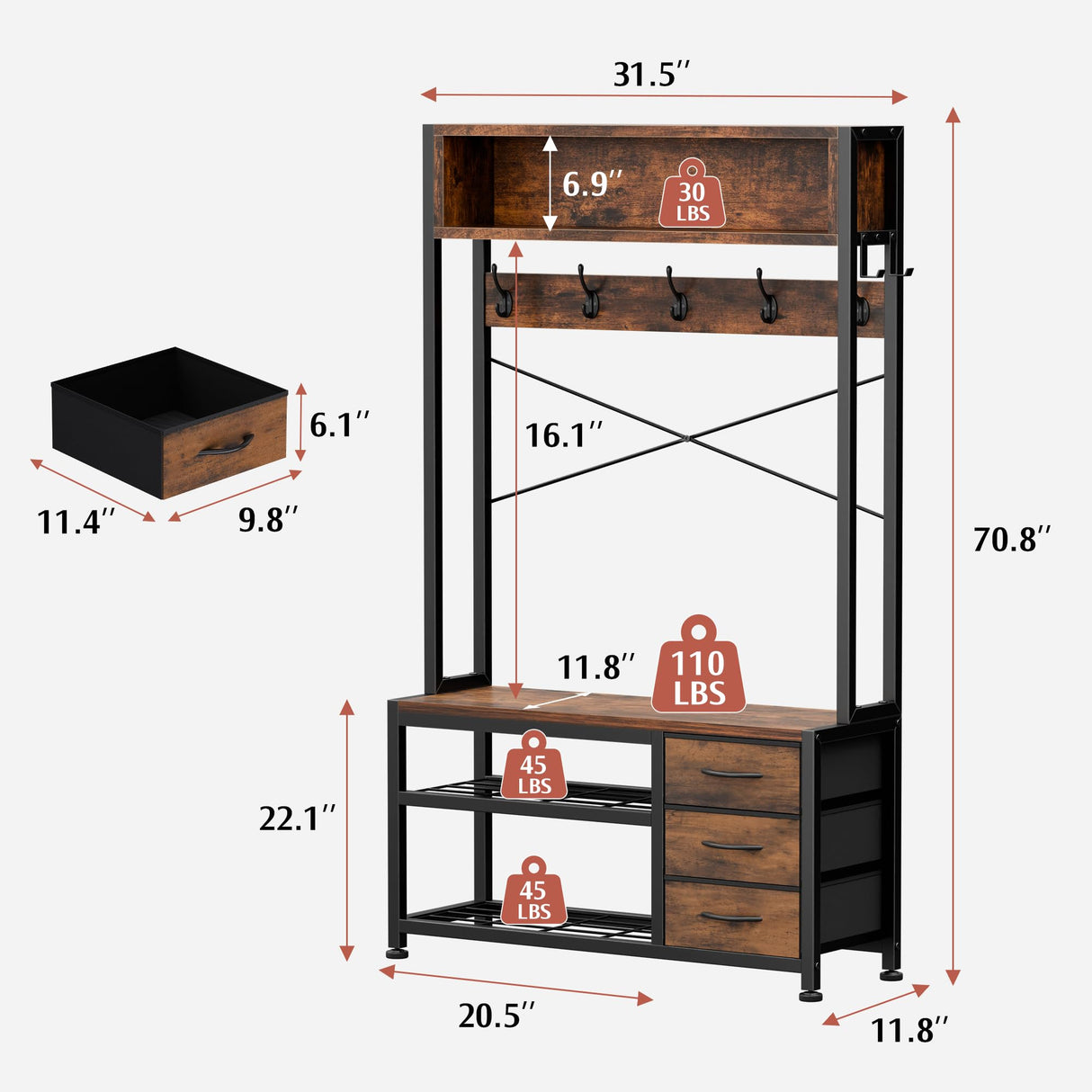 Lulive Hall Tree with Bench and Shoe Storage, 31.5" Coat Rack Freestanding with 2-Tier Storage Shelf, 6-in-1 Entryway Bench Coat Rack with 12 Hooks and 3 Drawers(Rustic Brown) Lulive