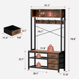 Lulive Hall Tree with Bench and Shoe Storage, 31.5" Coat Rack Freestanding with 2-Tier Storage Shelf, 6-in-1 Entryway Bench Coat Rack with 12 Hooks and 3 Drawers(Rustic Brown) Lulive