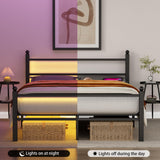 Gohapnis Full Size Bed Frame with Headboard and Footboard,Black Metal Platform Bed Frames with LED Lights and USB Charging Station,Heavy Duty Metal Slats,No Box Spring Needed,Sturdy&Noise Free Gohapnis