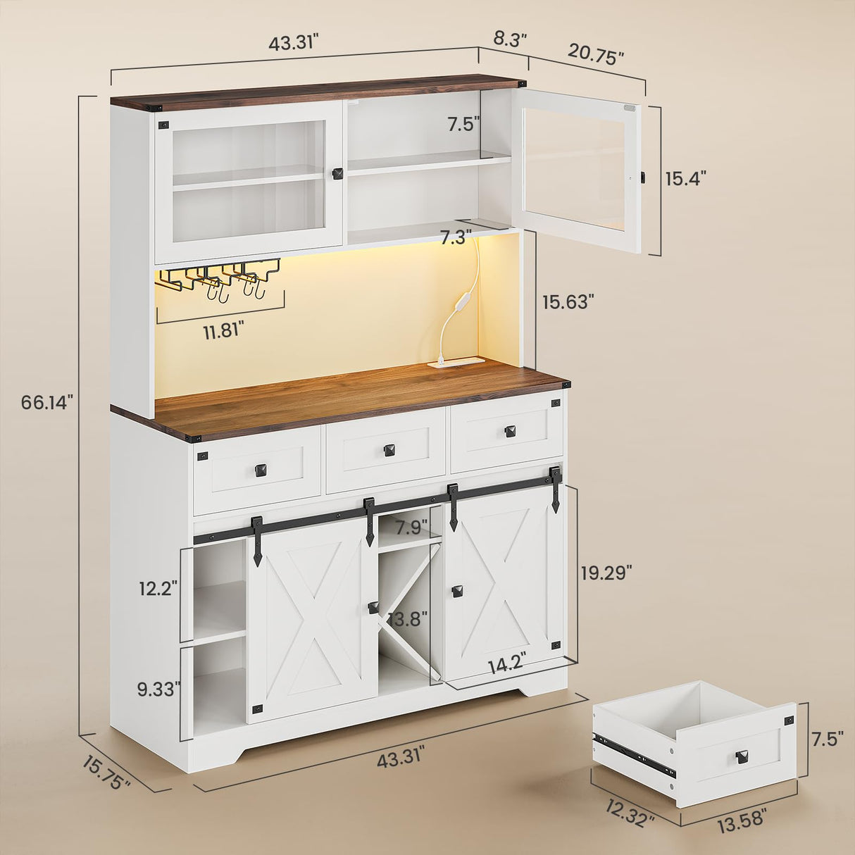 DICTAC Farmhouse Buffet Cabinet with Storage Coffee Bar Station Cabinet with Power Outlet and LED Light, Tall Bar Cabinets with Sliding Barn Door and Wine Glass Rack for Kitchen, Living Room,White DICTAC