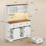 DICTAC Farmhouse Buffet Cabinet with Storage Coffee Bar Station Cabinet with Power Outlet and LED Light, Tall Bar Cabinets with Sliding Barn Door and Wine Glass Rack for Kitchen, Living Room,White DICTAC
