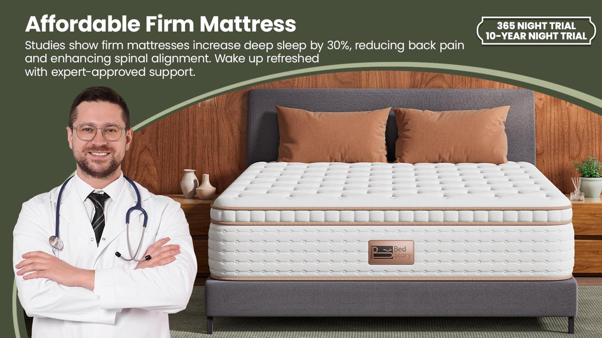 BedStory Firm King Mattress - 14 Inch Hybrid Mattress with Extra Lumbar Support for Back Pain Relief - Motion Isolation and Reinforced Edges - 365-Night Trial, Fiberglass-Free, CertiPUR-US BedStory