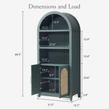 RowyPoey Rattan Arched Cabinet Bookshelf - 69.3” Tall Mid Century Display Cabinet, Rounded Bookcase with Rattan Doors, Open Shelf Storage for Dining Room (Green, 1 PC) RowyPoey