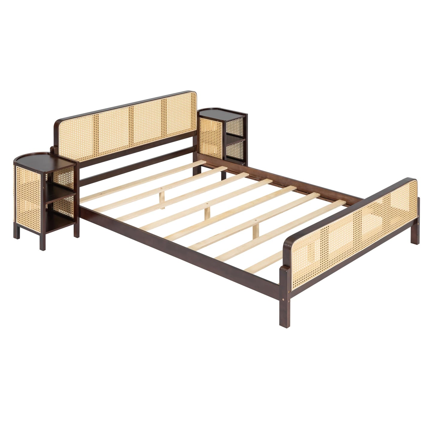 SOFTSEA Rattan Bed Frame with 2 Nightstands 3 Piece Bedroom Furniture Set, Farmhouse Style
