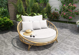 ZEW Rattan Bamboo Round Daybed Outdoor Sofa Chair with Cushion and Pillows for Backyard, Porch, Swimming Pool, Living Room Statra