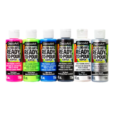 DecoArt Paint Pouring Kit, Neon Blast Colors, Fluid Art Ready to Pour Paints, Use on Canvas, Wood and More! 6 pack Set