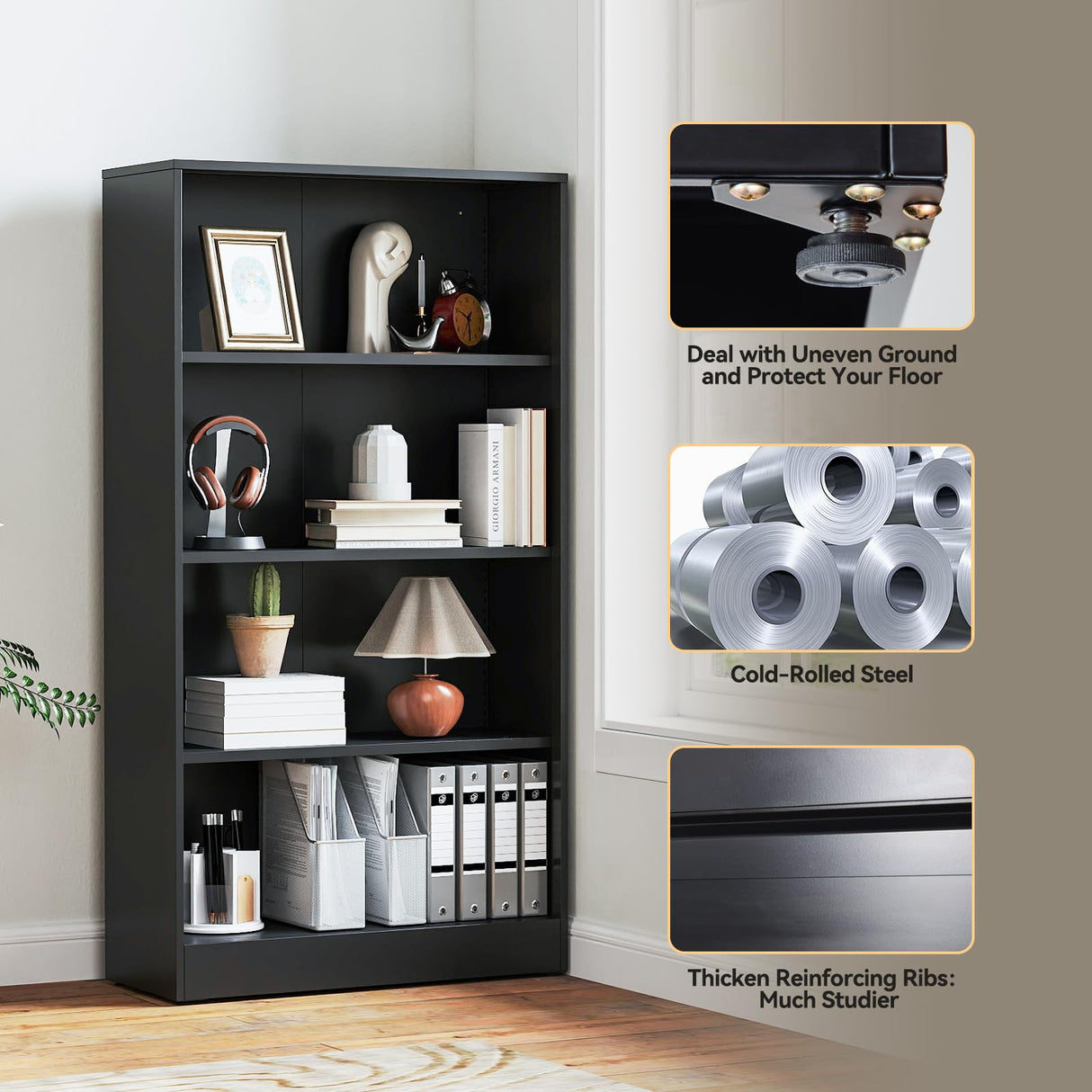 IRONMIX Metal Open Bookcase, 4-Tier Bookshelf with Adjustable Storage Shelves, Modern Black Bookshelf for Small Places, 59" Tall Book Shelf, Cabint Display Case for Home Office, Library, Living Room IRONMIX