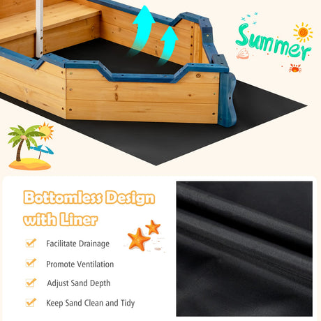 Costzon Pirate Boat Wood Sandbox for Kids, Wooden Pirate Sandpit w/Bench Seat, Storage Space, Ground Liner, Realistic Flag Rudder Buoy, Children Outdoor Playset for Backyard, Home, Lawn, Garden Costzon