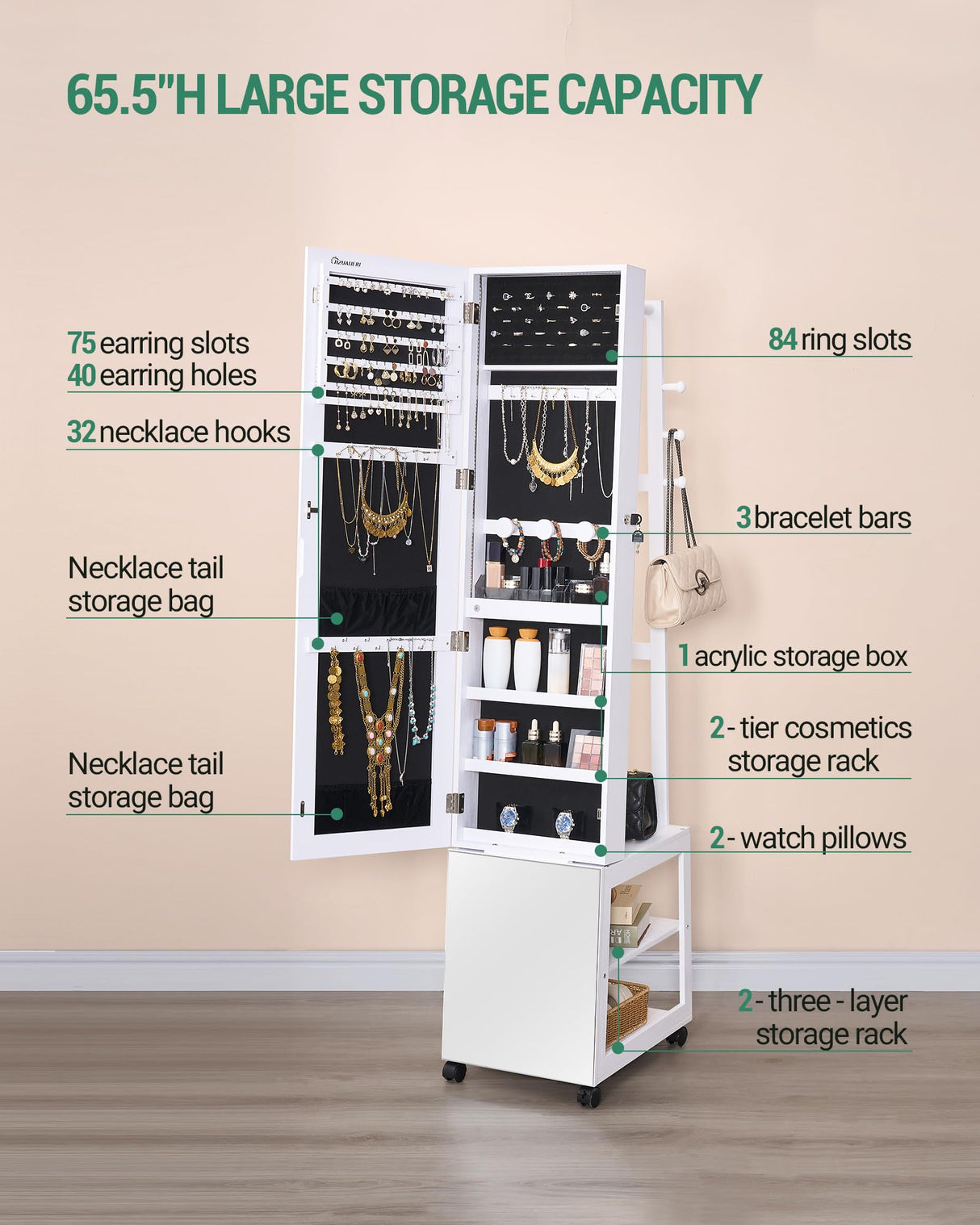 Hzuaneri Jewelry Cabinet with Light strip, 66.5-inch mirror Jewelry Armoire Standing with Garment Rack,Movable Full-length Mirror with Hzuaneri