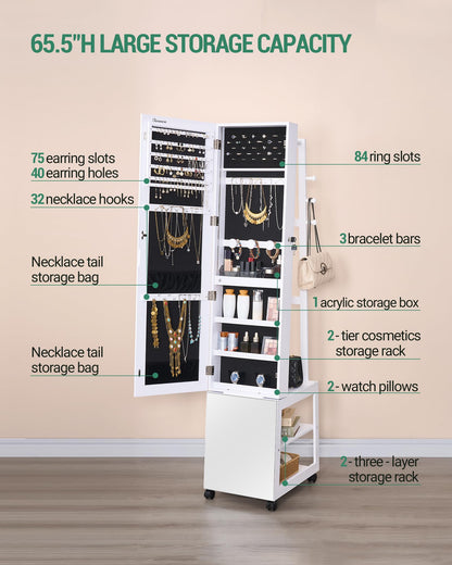 Hzuaneri Jewelry Cabinet with Light strip, 66.5-inch mirror Jewelry Armoire Standing with Garment Rack,Movable Full-length Mirror with
