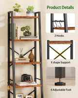 Furologee 6 Tier Ladder Shelf,Tall Bookshelf with 2 Hooks,Industrial Bookcase Standing Shelf Unts,Corner Storage Organizer for Living Room,Bedroom,Home Office,Bathroom,Rustic Brown Furologee