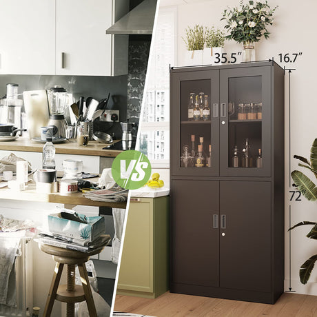 Yizosh Metal Storage Cabinet with Glass Doors - 71" Locking Display Cabinet with 2 Adjustable Shelves, 4-Tier Tall Steel Cabinet Locker for Kitchen, Living Room, Dining Room (Black) Yizosh