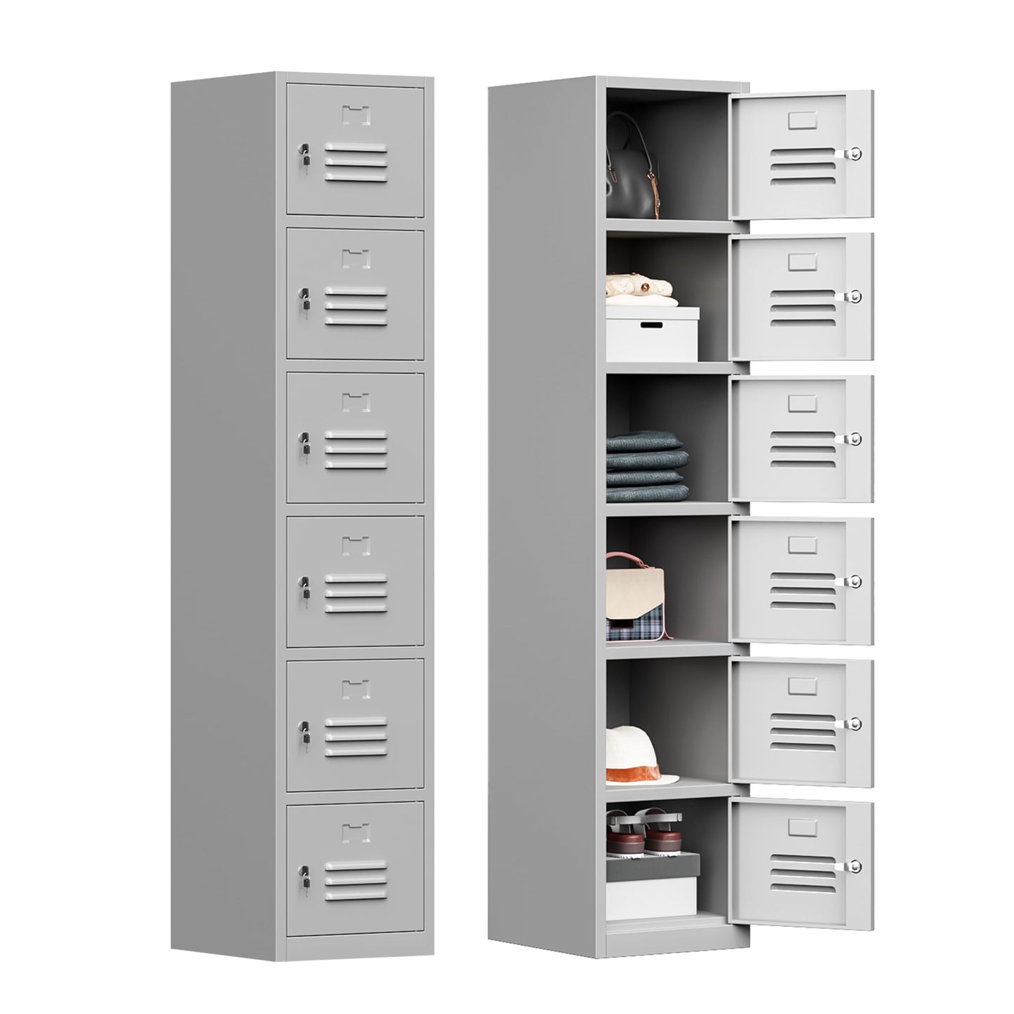 Bestoo Metal Locker with 6 Doors, 71" Tall Storage Locker for Employees, Lockable Locker Cabinets for School, Gym, Home, Office, Garage, Gray - WoodArtSupply