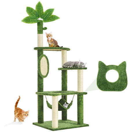 TSCOMON 61" Large Cat Tree Tower for Indoor Cats with DIY Green Leaves Scratching Post Multi Soft Hang Ball Plush Cat House Furniture 360° Rotating Cat Scratch Board with Hammock, Green TSCOMON
