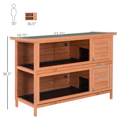 PawHut 54" 2-Story Large Rabbit Hutch Bunny Cage Wooden Pet House Small Animal Habitat with Lockable Doors, No Leak Tray and waterproof Roof for Outdoor/Indoor Orange - WoodArtSupply