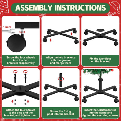 bruwaa Christmas Tree Stand for Artificial Tree, Replacement Xmas Tree Stand Base with Universal Wheel for 3 FT to 7.5FT Artificial Trees, Fits 0.5-0.86 Inch Tree Pole, Black