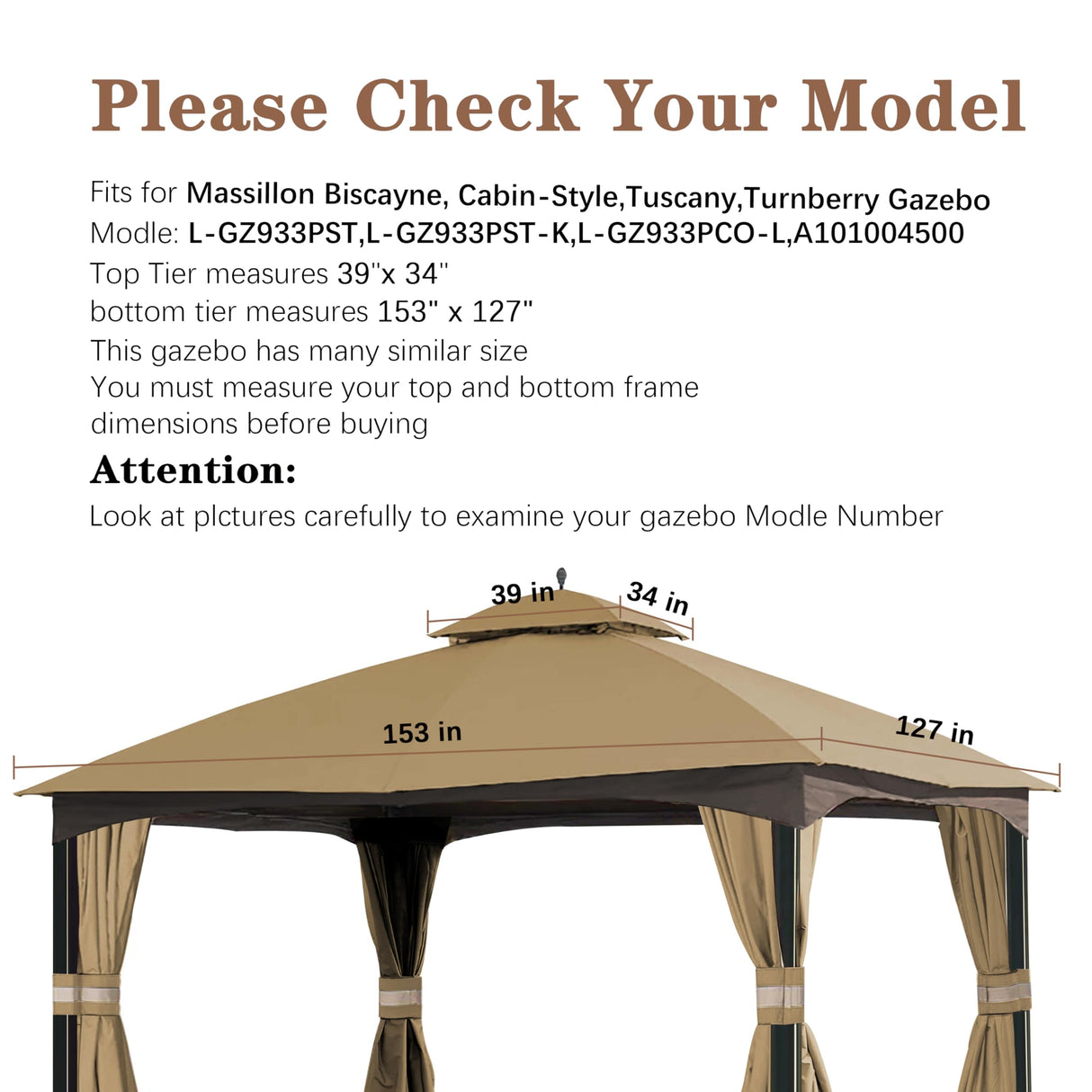 SCOCANOPY Replacement Top for 10x12 FT Gazebo Massillon Biscayne,Cabin-Style L-GZ933PST,Turnberry L-GZ933PCO-L,Tuscany L-GZ933PST-K (Beige Ripstop) SCOCANOPY