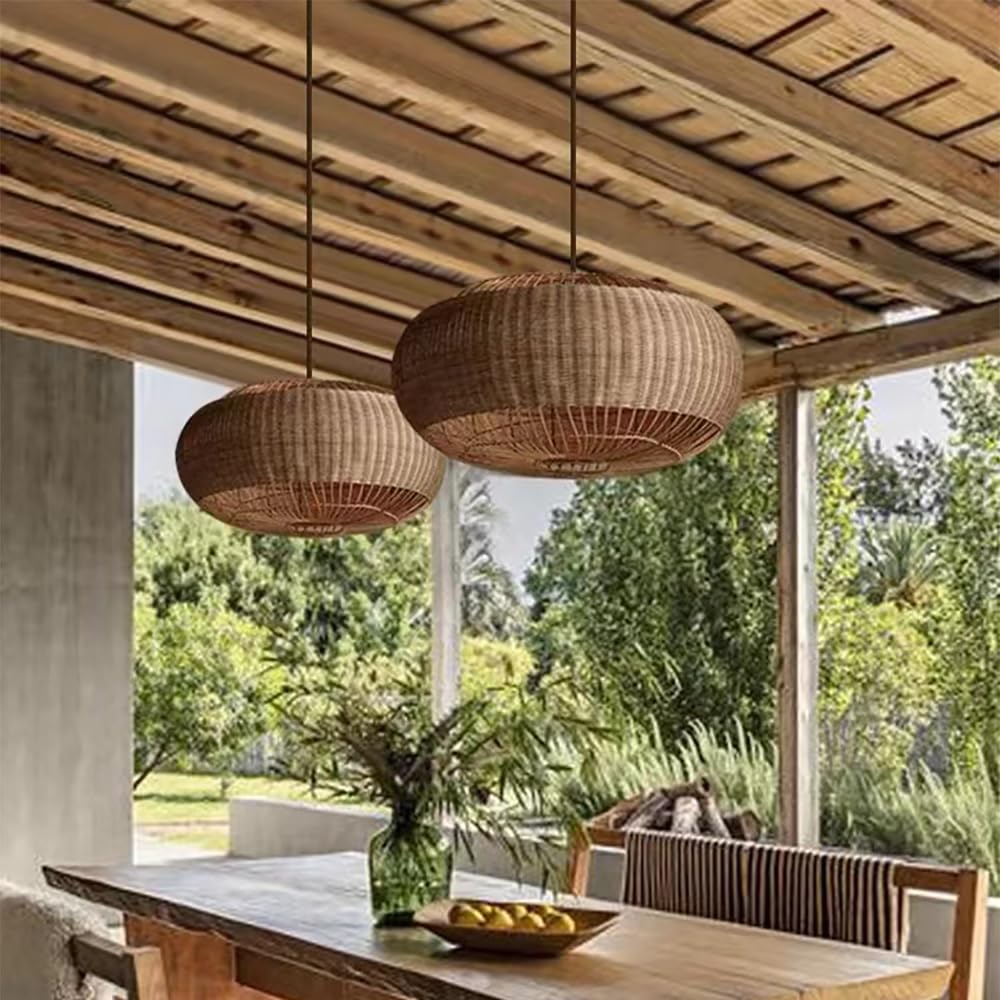 Rattan Handwoven Pendant Lights Adjustable Bamboo Wicker Hanging Lamp, Pendantt Light Fixture With Drum Basket Shade 1 Light Woven Pendant Light For Dining Room Living Room (Not Bulb Included) YUJIDAO