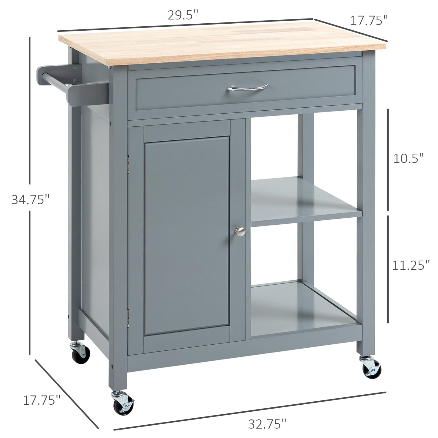 HOMCOM Kitchen Island Cart, Rolling Kitchen Island with Storage Shelf, Solid Wood Top, Drawer, for Dining Room, Gray