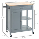 HOMCOM Kitchen Island Cart, Rolling Kitchen Island with Storage Shelf, Solid Wood Top, Drawer, for Dining Room, Gray HOMCOM