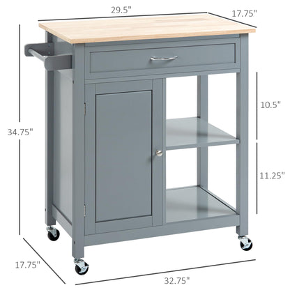 HOMCOM Kitchen Island Cart, Rolling Kitchen Island with Storage Shelf, Solid Wood Top, Drawer, for Dining Room, Gray