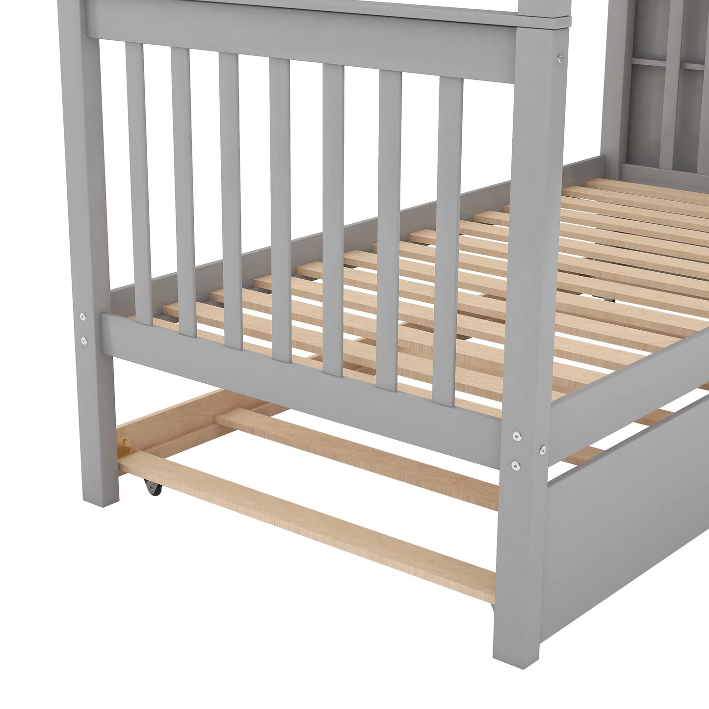 N NAANSI Grey Twin-Over-Twin Bunk Bed with Trundle and Storage Staircase - WoodArtSupply