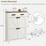 OKD Shoe Storage Cabinet with 2 Flip Drawers, Farmhouse Entryway Shoe Organizer with Drawer, Freestanding Rustic Hidden Shoe Rack Cabinet for Entryway, Antique White OKD