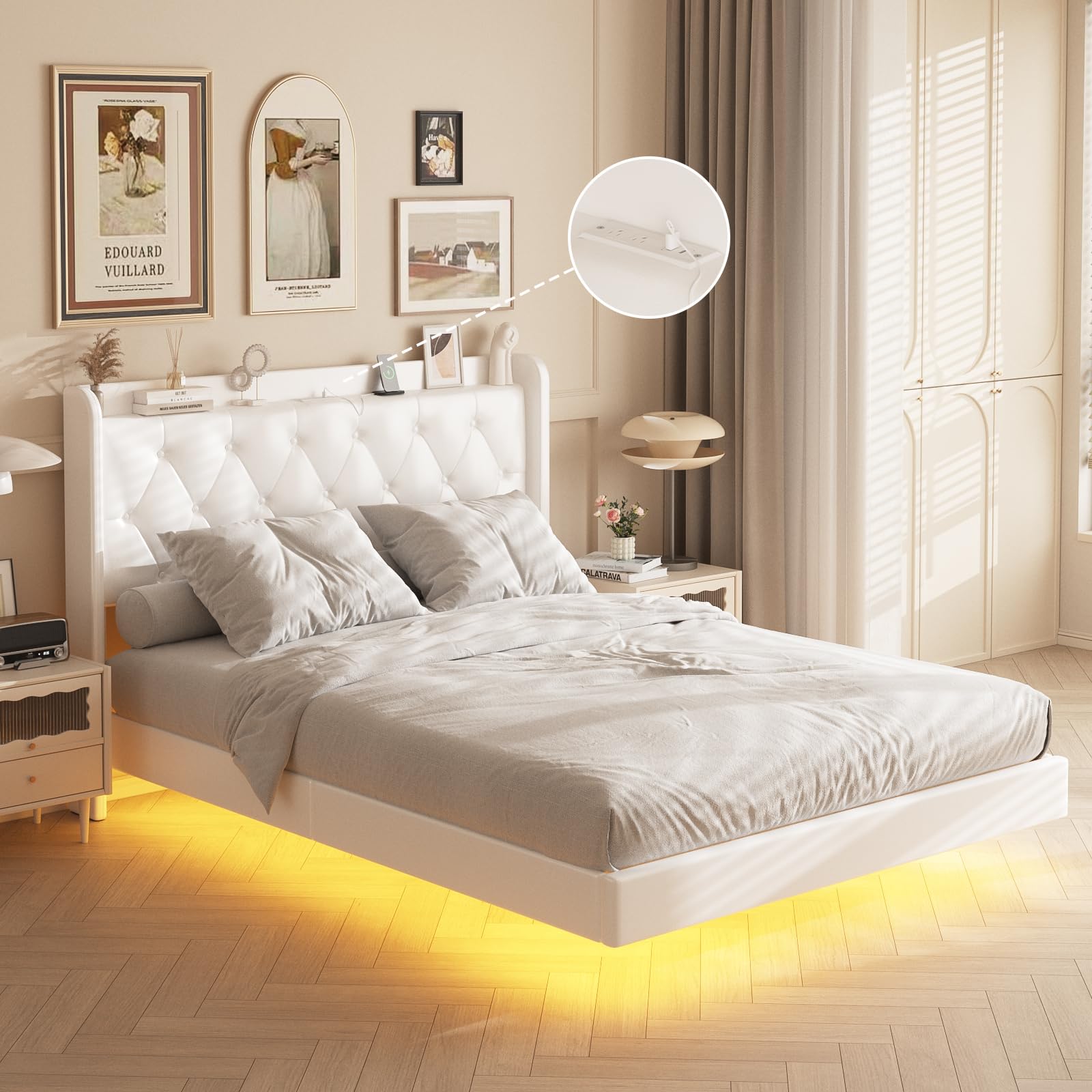 Halitaa White PU Leather Floating Bed Frame with Adjustable RGB LED Lights & Charging Station - WoodArtSupply