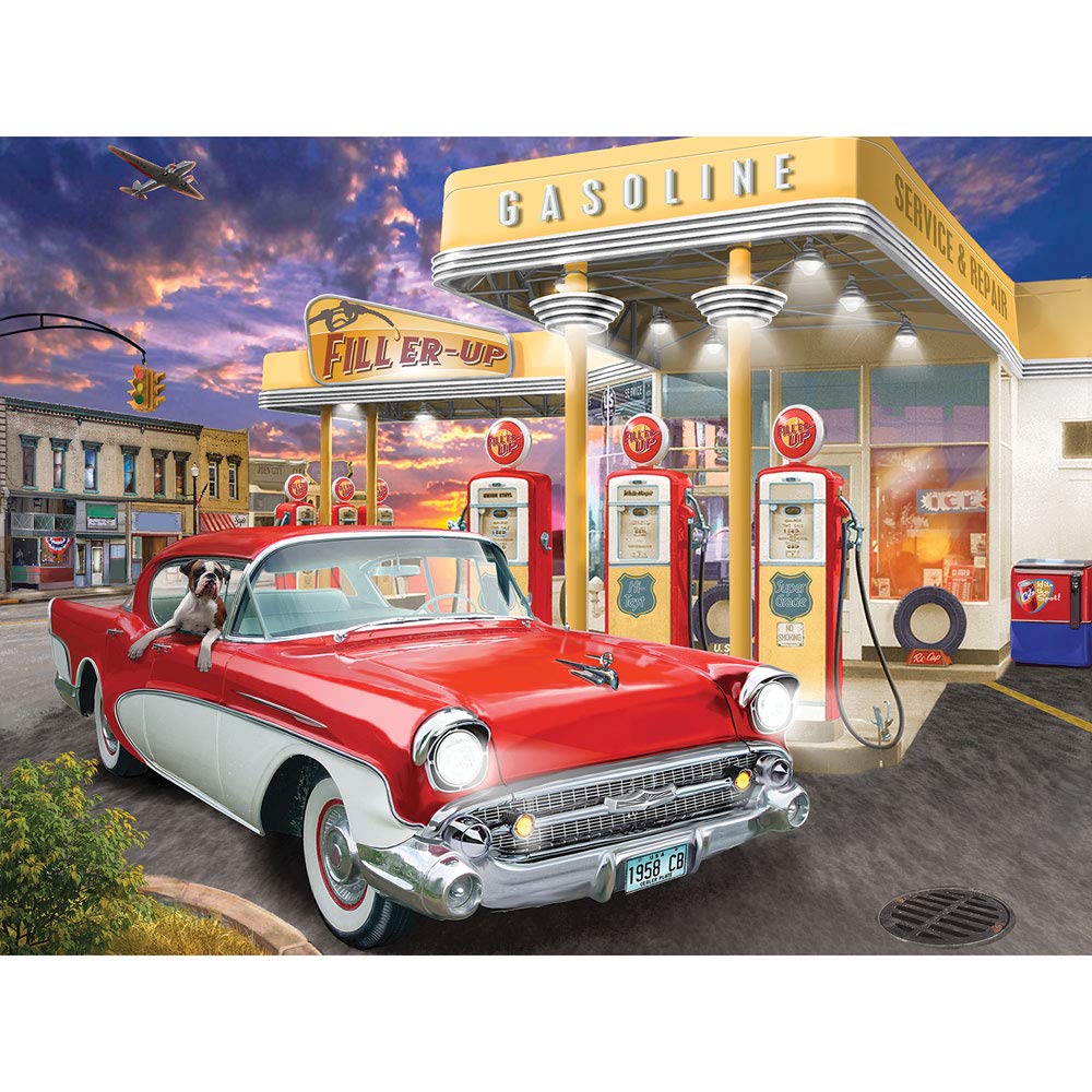 Bits and Pieces – 500 Piece Jigsaw Puzzle for Adults – Fill'er Up - Old Fashioned Gas Station Car Jigsaw Puzzle by Artist Bigelow Illustrations, Completed Puzzle Size: 18" x 24"