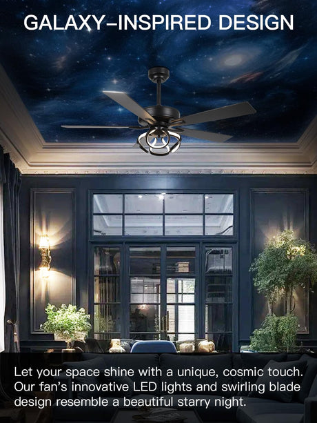 ACEROCK 52 Inch Ceiling Fan with Light, Galaxy-Inspired Design, Reversible Blades, 2100 Lumens LED, Premium 304 Stainless Steel Body, Ultra-Quiet DC Motor, High Airflow (Black) ACEROCK