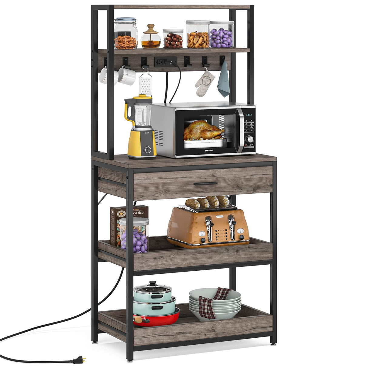 Tribesigns Bakers Rack with Power Outlets, 5-Tier Kitchen Storage Shelf, Microwave Oven Stand with Drawer, 65”H Coffee Bar Table, Kitchen Rack with Sliding Shelves and 6 Hooks, Grey Tribesigns