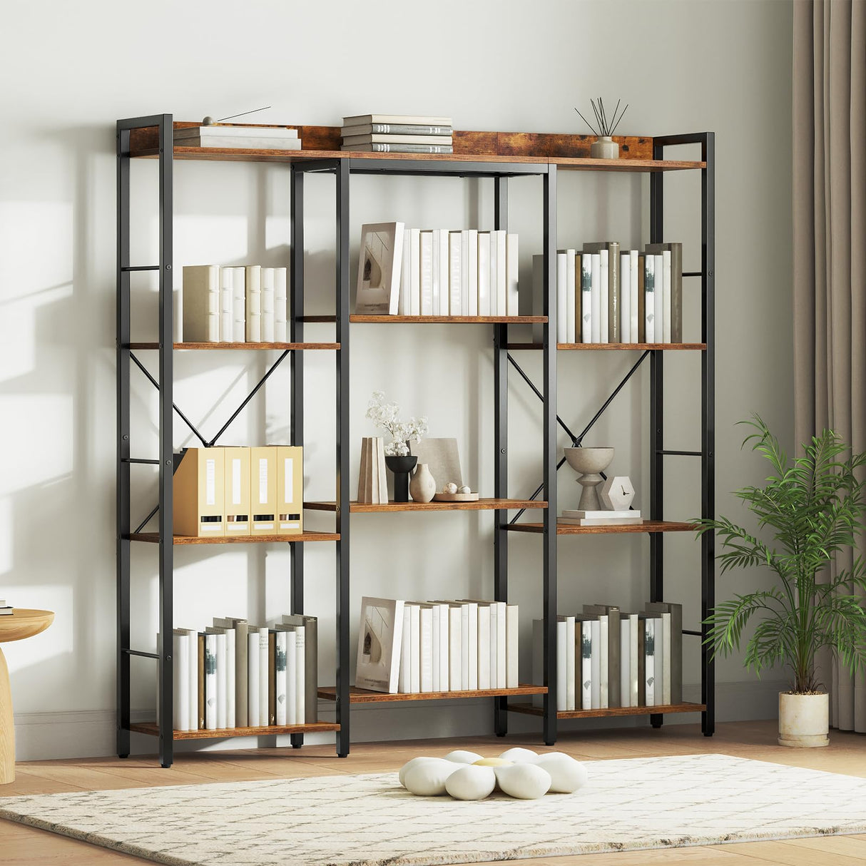 HOOBRO Triple 4-Tier Bookshelf, Bookcase with 10 Open Storage Display Shelves, Rustic Industrial Style Book Shelves, Wide Book Shelf for Living Room and Home Office, Rustic Brown and Black BF24SJ01 HOOBRO