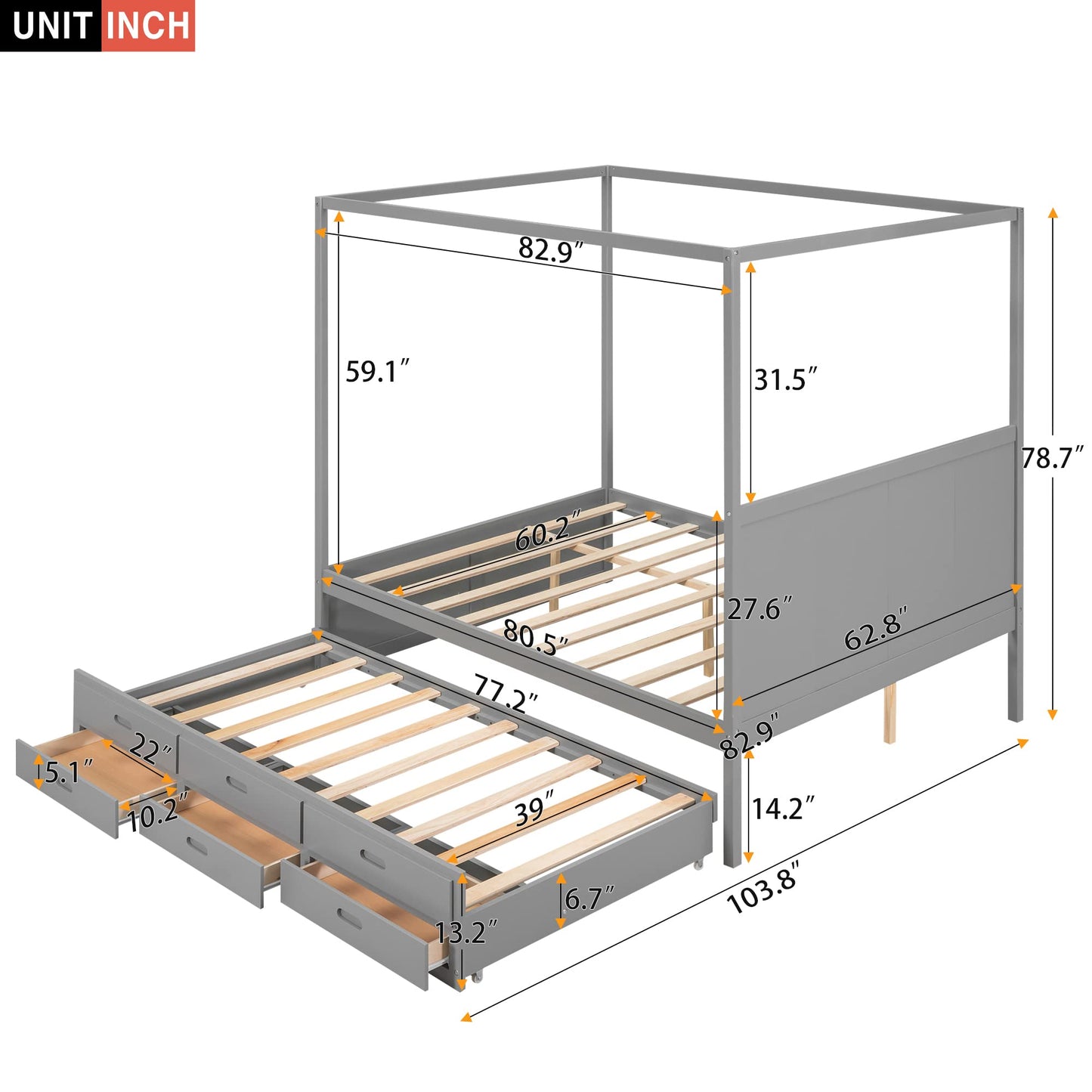 Harper & Bright Designs Grey Queen Canopy Bed with Twin Trundle and 3 Storage Drawers - WoodArtSupply