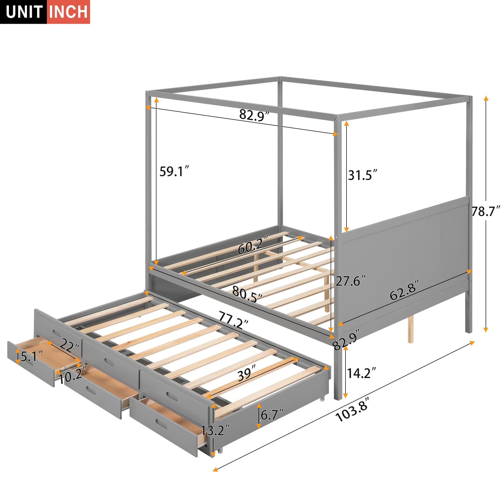 Harper & Bright Designs Grey Queen Canopy Bed with Twin Trundle and 3 Storage Drawers - WoodArtSupply