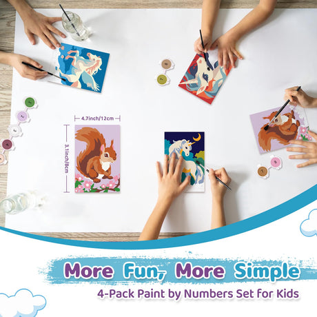 Nariolar 4 Pack Paint by Numbers Kit for Kids Ages 4-6 with 4.7X3.1inch Pre-Printed Cardboard,Acrylic Paint Pots and 3 Painting Brushes，Creative Gifts for Kids（Unicorn and Squirrel Nariolar