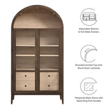 Modway Nolan Tall Arched Storage Display Cabinet in Walnut Light Oak - 74 Inch Arch Bookshelf with Glass Doors, Shelves and Drawers - Modern Accent Cabinet for Living Room, Dining Room Modway